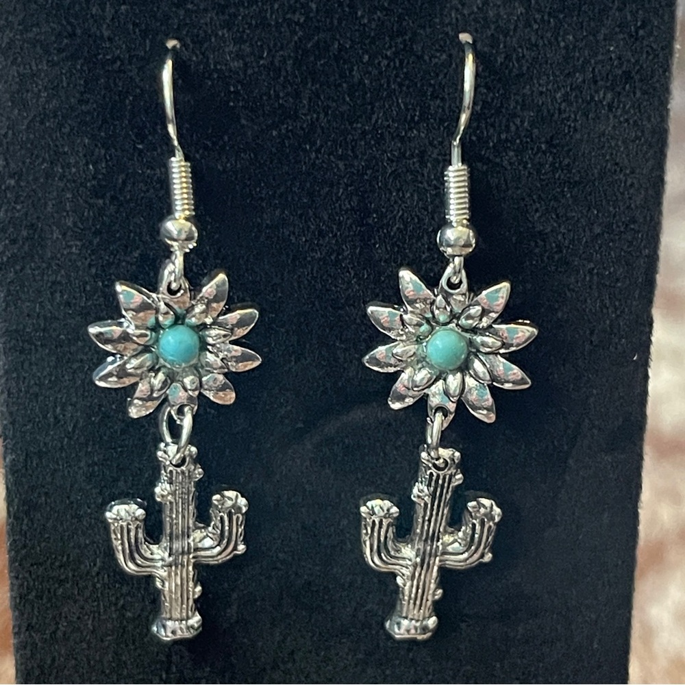 Sunflower & Cactus‎ dangle Earrings with Turquoise Bead Center Southwestern Boho